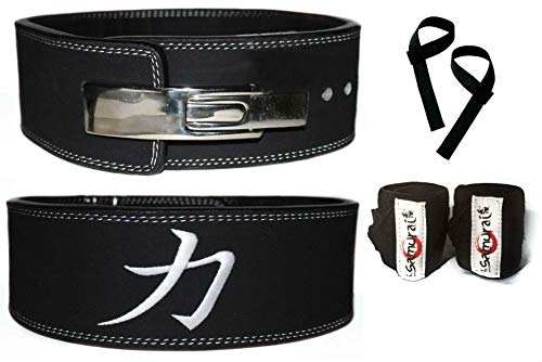 Strength Shop 13MM Black Powerlifting Weightlifting Lever Belt (Large: 34-41") + Wrist Wraps + Lifting Straps- IPF Approved