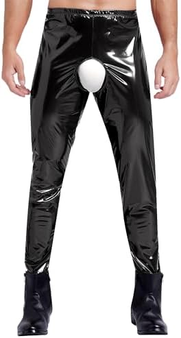 Men Wet Look PVC Leather Backless Tights Pants Leggings Long Trousers Muscle Straight Pants