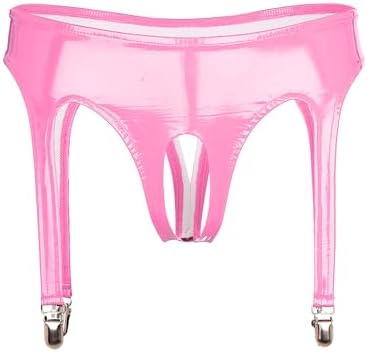 Lejafay Women's Latex Liquid Wet Look Open Crotch Hot Pants Booty Shorts Knickers with Garter Clips