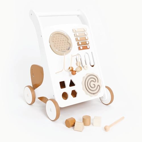 Gathre Wooden Baby Activity Push Walker with Wheels, Busy Board, and Toys Included, Great for Ages 12 Months, Easily Wipeable, Modern Beige Aesthetic - Camel