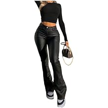 WDIRARA Women's PU Leather High Waisted Bell Bottom Flare Pants Party Club Streetwear