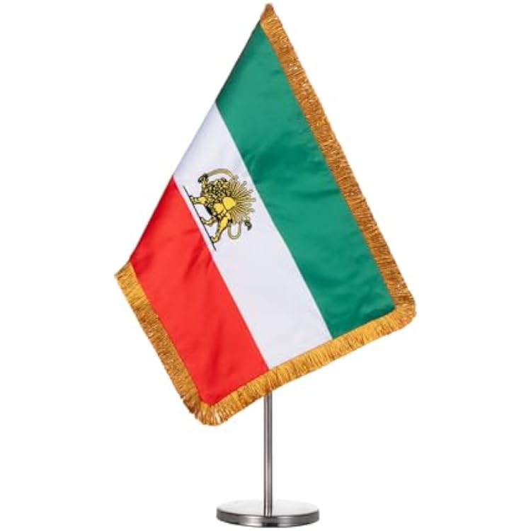 Homissor Iran Table Flag - Former Iranian Lion and Sun Desk Flags 20x30 cm Persia with Adjustable Stand Pole from 24 to 42 Cm - Satin Double Sided