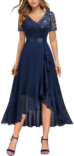 Miusol Womens Elegant V Neck Contrast Sequin Lace Chiffon Ruffle Split Evening Party Dress