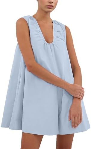 Womens Mini Babydoll Tank Dress Bubble Sleeveless Dresses Scoop Neck Ruched Short Summer Sundress with Pockets