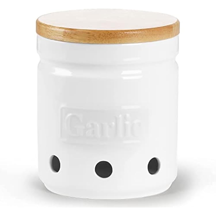 ONTUBE Garlic Keeper with Wooden Lid, 4.5-Inch Ceramic Garlic Holder Storage, Garlic Container for Kitchen, Garlic Saver to Keep Your Garlic Cloves Fresh Longe 24 oz, White