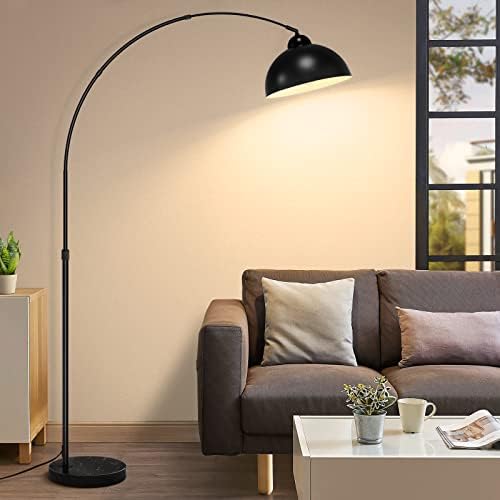 Modern Arc Floor Lamp with Metal Hanging Dome Shade, Industrial Adjustable Over the Couch Stand Up Light, Marble Base Farmhouse Tall TaskReading Standing Lamp for Living Room Bedroom Office, Black