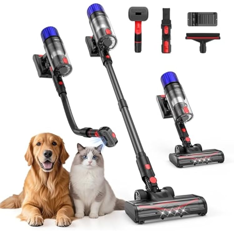 Teendow Cordless Vacuum Cleaner, Stick Vac Specifically Handling Pet Hair, Up to 50 Minutes, 500W Powerful Suction, Rechargeable, Lightweight for Carpet, Hard Floor, Deep Dark