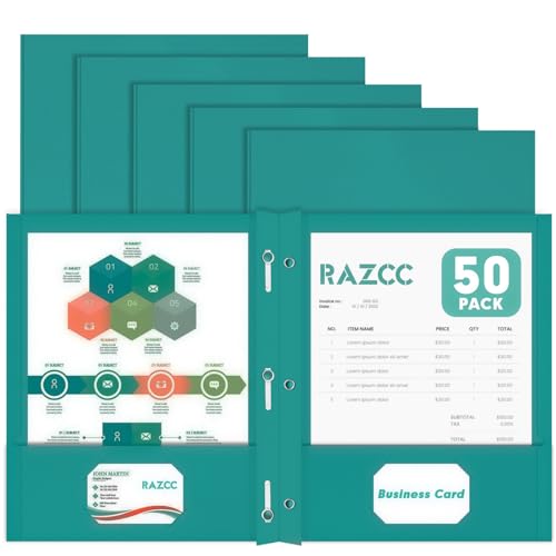 Two Pocket Folders, RAZCC 50 Pack Two Pocket Folders with Prongs, 3 Prong Folders Fit Letter Size Paper, Pocket File Folders for School Office Home Business, Turquoise