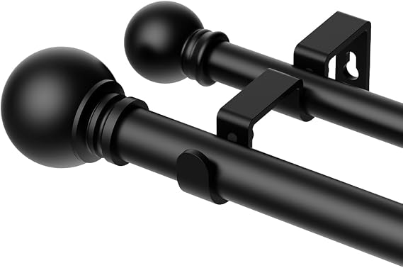 GXOACKJ Double Curtain Rods for Windows 72-144 Inches Length, Adjustable Heavy Duty Decorative Double Drapery Rod With Round Finials For Living Room Bedroom, Black