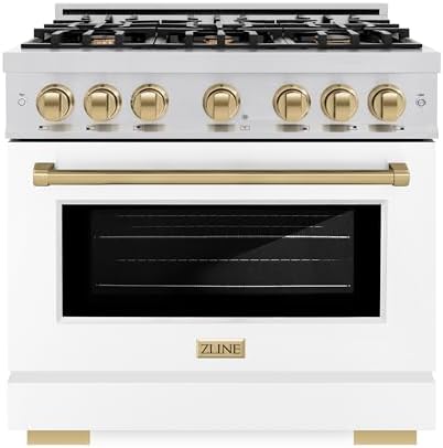 ZLINE Autograph Edition 36 in. 5.2 cu. ft. Select Gas Range with 6 Burner Cooktop and Convection Gas Oven in Stainless Steel with White Matte Door and Champagne Bronze Accents HGRZ-WM-36-CB