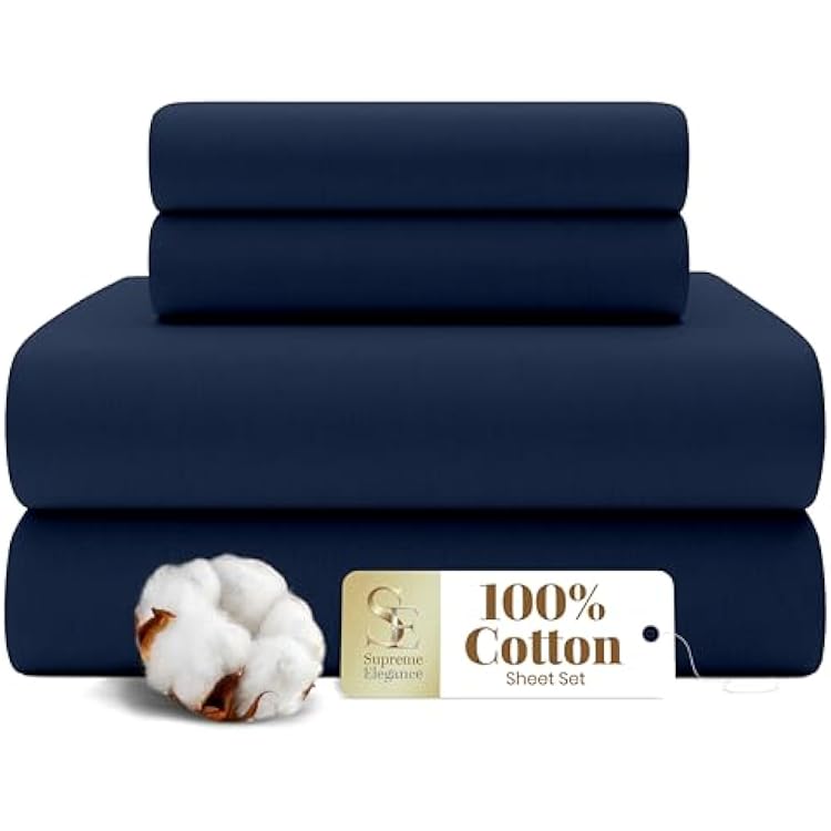 SUPREME ELEGANCE 4 Pcs 100% Cotton Queen Sheet Set, Dark Blue, Percale Weave, Cooling & Crisp Bed Sheets, Breathable Cotton Bedding, Deep Pocket Fitted Sheet, Juego De Sabanas Queen