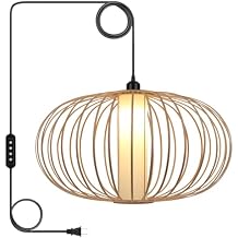 LALISU Plug-in Pendant Light Rattan Hanging Lamp, Boho Hanging Lights with Woven Lampshade, 3-Way Dimmable & Timmer Setting Ceiling Light Fixture for Living Room, Bedroom, Farmhouse (Bamboo Round)