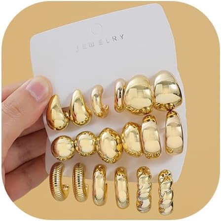 9 Pairs Chunky Gold Earrings Set for Women Trendy Lightweight Gold Plated Hoop Earrings Hypoallergenic Jewelry
