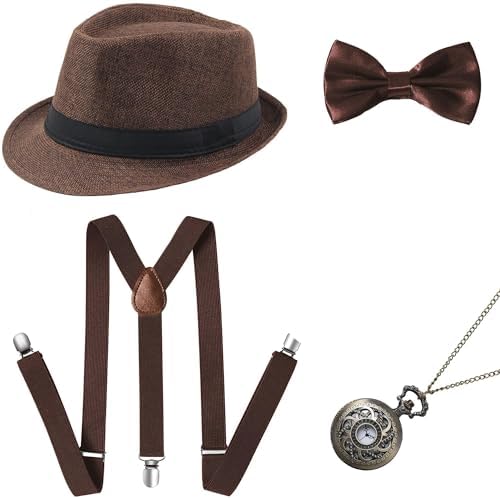 BABEYOND 1920s Mens Gatsby Gangster Accessories Set Panama Hat Suspender Bow Tie