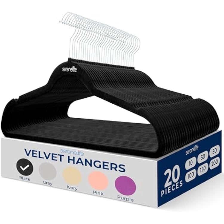 SereneLife 20 Pack Velvet Hangers Non-Slip Clothes Hangers with Heavy Duty Design, Slim Space-Saving Coat Hangers with 360 Swivel Hook, Strong Lightweight Closet Organizer Set for Clothes Black