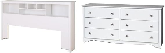 Prepac King Bookcase Headboard, White & Sonoma 6 Drawer Double Dresser for Bedroom, White