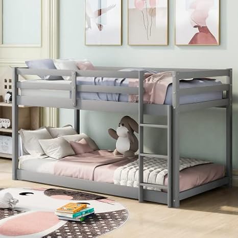 Majnesvon Twin Over Twin Bunk Bed with Full Guardrails and Ladder,Low Bunkbed Fram w/Safety Guard Rails for Teens Adults No Box Spring Need (Gray)