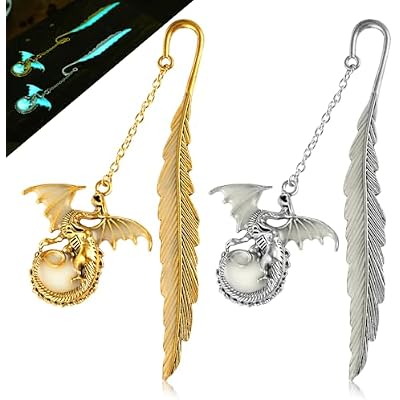 Leezmark 2 Pcs Feather Dragon Bookmarks, Metal Bookmark Glow in The Dark Dragon Bookmark, Cool Bookmarks for Book Lovers, Reading Gifts for Men Women Gold & Sliver