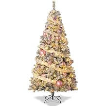 Sportpulse 7FT Green Pre-lit Snow Flocked Artificial Christmas Tree with Warm White Light, Fire-Resistant Hinged Design, 1200 PVC Branch Tips & Metal Stand for Home, Office, and Party Decoration