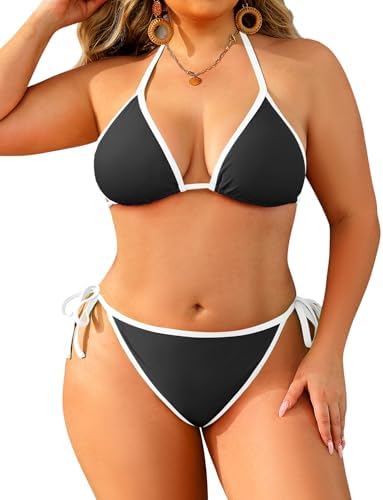 Tempt Me Women String Plus Size Bikini Sets Sexy Triangle Two Piece Halter Swimsuits with Tie Side Bottom Bathing Suit