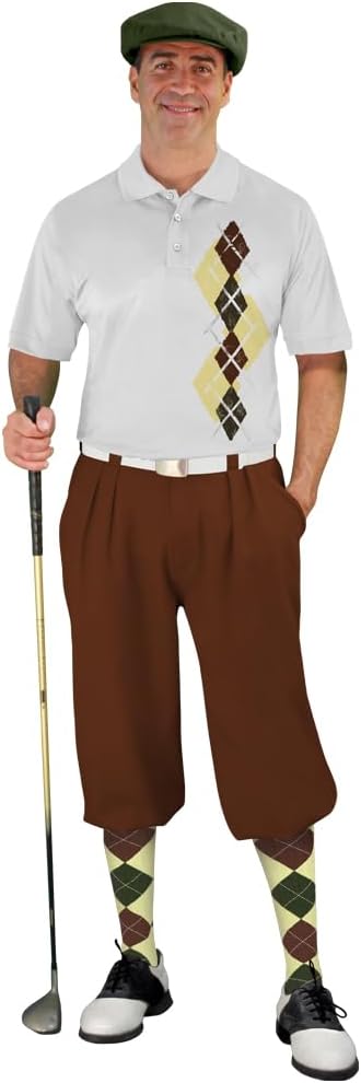 Argyle Paradise Outfit - Mens J: Butter Olive and Brown Complete Golf Outfit - Waist Size 36 - Shirt Size 3XL