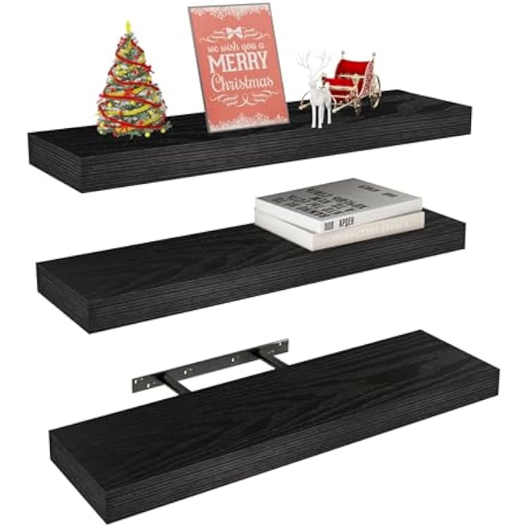 Vervida Black Floating Shelves for Wall, 24 Rustic Wood Deep Wall Mounted Shelves with Invisible Brackets for Decor & Storage, Floating Shelf for Living Room, Bathroom Set of 3