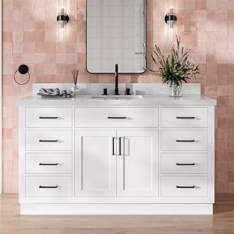 DKB Isabella 60 Inch Bathroom Vanity Single Sink White Bathroom Vanity with Sink, 1.5 Edge Italian Carrara Marble Countertop, Solid Wood, 2 Soft-Close Doors, 8 Dovetail Drawers  Tilt Drawer
