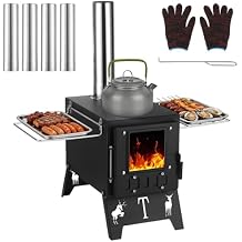 Hot Tent Steel Stove, Portable Camping Wood Burning Stove with Large Firebox, Detachable Top Cover for Cooking, Foldable Legs, 8.3 x 15 x 11.8 in for Outdoor Cooking