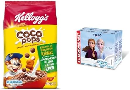 Kellogg's Coco Pops Chocolate Wheat and Corn Flakes 450 Gr & Plain Milk with Danone Disney Character (6 x 180 ml)
