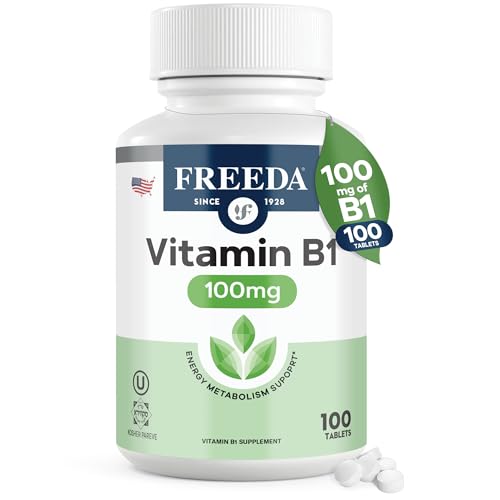 Freeda Vitamin B1 Thiamine 100mg - Supports Energy Metabolism, Nervous System Health - Kosher, Vegan, Gluten Free - Thiamin HCl 100 mg Vitamin B 1 - Pure Vit B1 Vitamin Thiamine B1 Supplement 100 Ct