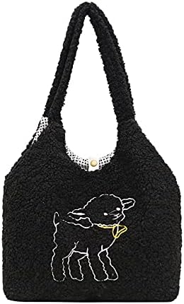 Kawaii Tote Bags Aesthetic Cute Lamb Embroidery Purse Fluffy Underarm Bag Faux Fur Shoulder Bag with Interior Pockets