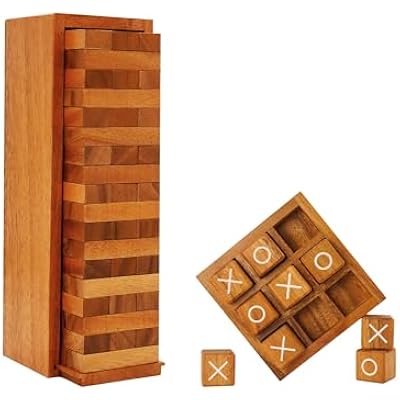 BSIRI Wooden Tic Tac Toe & Tumbling Tower for Family Fun and Living Room Coffee Table Camping Decor and Outdoor or Tabletop Games with Classic Tic Tac Toe and Stiacking Block Game
