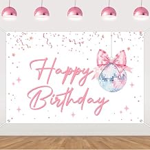 Pink Bow and Disco Ball Birthday Decorations Backdrop Disco Ball Themed Happy Birthday Backdrops for Women Disco 70s 80s 90s Background Photography Supplies 5 * 3ft