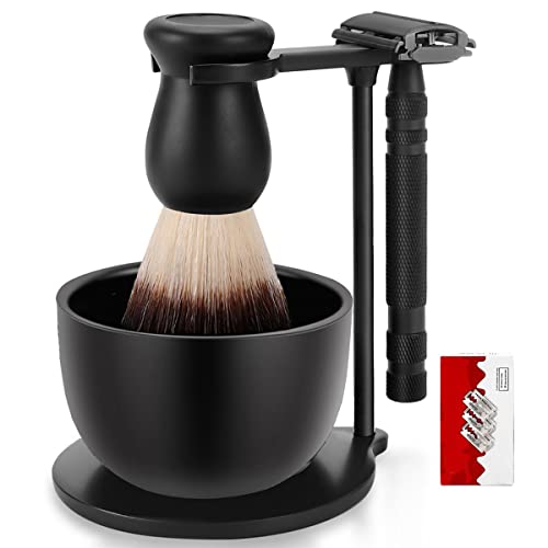 Amazing Razor Shaving Kit - Black Mens Shaving & Grooming Set - Safety Razor, Brush, Stand, Soap Bowl, Stainless Blades