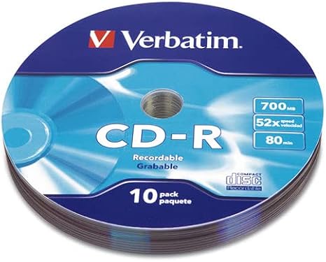 Verbatim CD-R Blank Discs 700MB 80 Minutes 52X Recordable Disc for Data and Music - 10pk Wrap,Silver