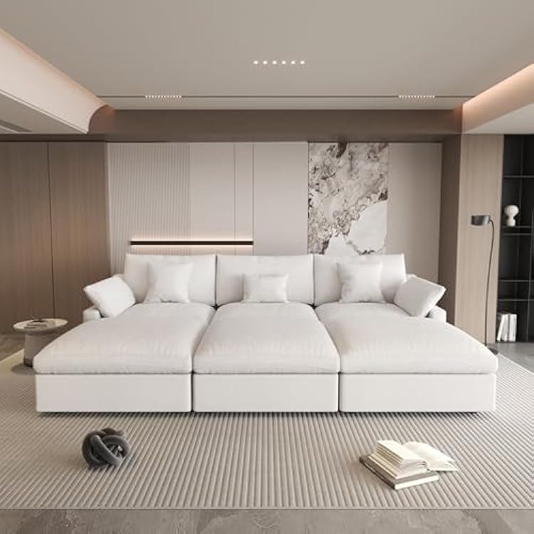 Could Couch Modular Sectional Sofa with Ottoman,Down Filled 120inch U Shaped Couch,Convertible Sofa Bed Living Room Set,6 Seat Sleeper Couched Bed, Cover Washable and Replaceable,White