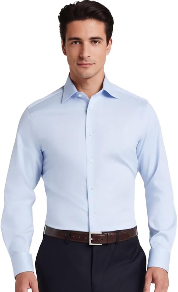 Spring Dress Men's Wrinkle-Free Light Blue Plaid Elastic Shirt Long Sleeve Nearly Pure Cotton Classic for Business Casual Office Daily Wear