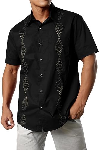 JOGAL Mens Cuban Guayabera Shirts Short Sleeve Button Down Casual Summer Beach Shirt Black X-Large
