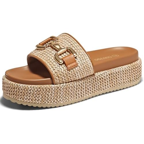 Coutgo Womens Platform Sandals Raffia Espadrilles Metal Chain Slip on Open Toe Cute Beach Slide Sandals