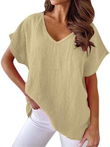 Summer Tops for Women Plus Size Cotton Linen 34 Sleeve Crew Neck T Shirts Boho Printing Loose Fit Casual Blouses Tops