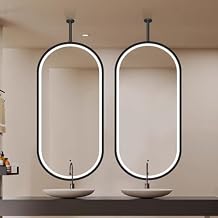 Ceiling Hanging Mirror for Bathroom Double-Sided, Black Metal Vanity Mirror LED Makeup Mirror, Lighted Boom Mirror for Shaving, Suspended Oval Dresser Mirror(Double-Sided 50cmx70cm)