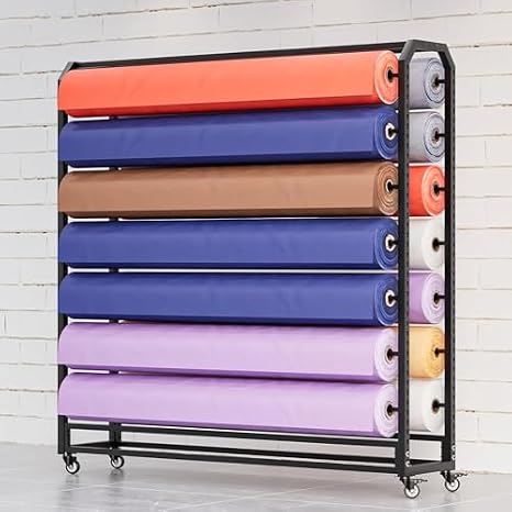 Adjustable Fabric Roll Storage Rack - Commercial Textile Display Rack with 10 Hanging Rods, Movable Organizer for Vinyl, Leather, Curtain, and Wallpaper Rolls