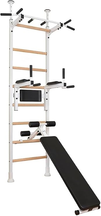 523W Wallbars, Stall Bars, Swedish Ladder, Gymnastic Ladder with Fixed Steel 6-Grip Pull Up Bar, Dip Bar with Back Support, Advanced Rotatable Workout Bench with Leg Support Rollers