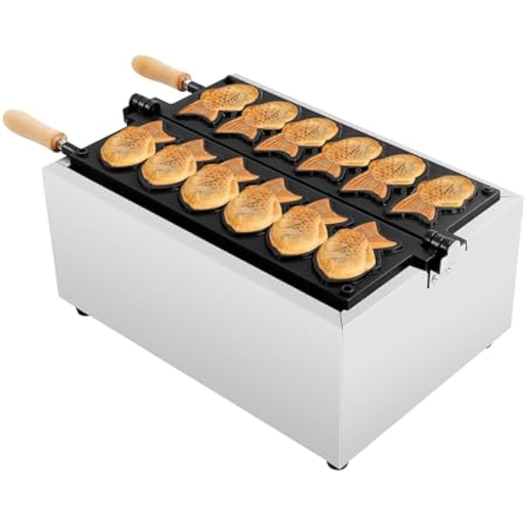 Commercial Taiyaki Fish Waffle Maker Electric - 2400W Double-Sided Heating System w6 Fish Molds, Stainless Steel Professional Waffle Iron for Restaurants & Home Use Nonstick Coating 110V Silver Black