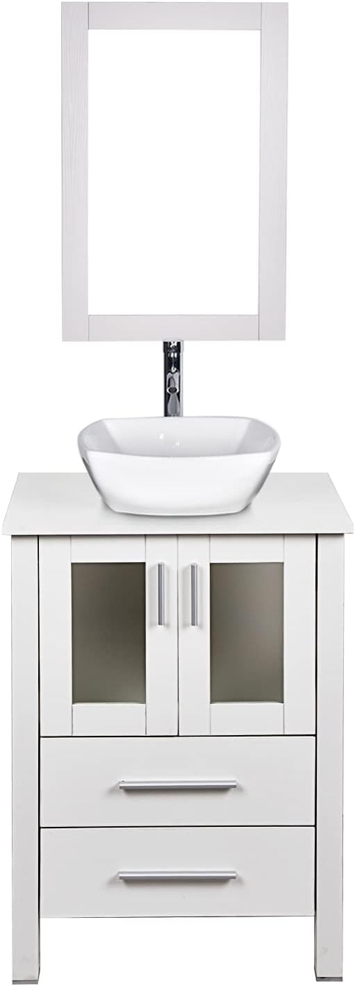 24-Inch Bathroom Vanity, Modern Stand Pedestal White Cabinet with Ceramic Porcelain Sink Top, Fixture, with Frame Mirror