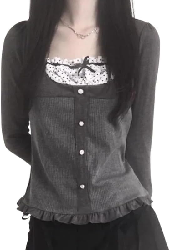 Y2k Clothing Korean Fashion Polka Dot Print Contrast Patchwork Knitted Tops Grey Cute Bow T-Shirts Slim Crop Tops