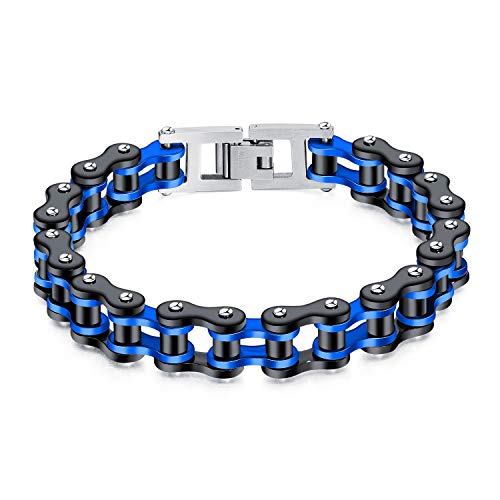 Iflytree Masculine Mens Stainless Steel Motorcycle Bike Bracelet Chain Heavy and Study Two Tone Cuff Wrist Link Chain Wristband for Men Boy Gifts for Him Father Husband Boy