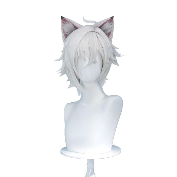 KIRA KIRA Seth Lowell Cosplay Wig with Furry Ear Game Zenless Zone Zero Seth Wig Short Straight Silver Hair for Halloween Cosplay