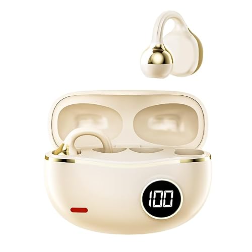 Micool Clip-On Earbuds Bluetooth 5.4 - HiFi Sound, Secure Fit Ear Clips Headphones Wireless, 24H Battery Life, IPX4 Waterproof Open Ear Headphones Nude Beige