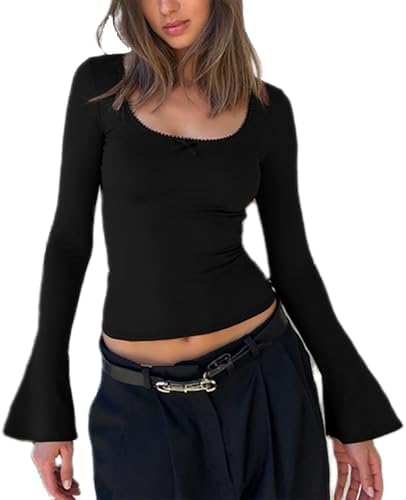 Women Y2k Long Bell Sleeve Shirt Square Neck Double Lined Crop Blouse Lace Patchwork Slim Fit Tops